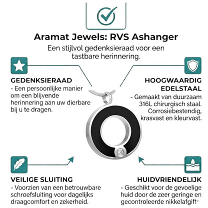 Aramat Jewels zwarte ronde stalen ashanger met een klein zirkonia steentje, zonder ketting.