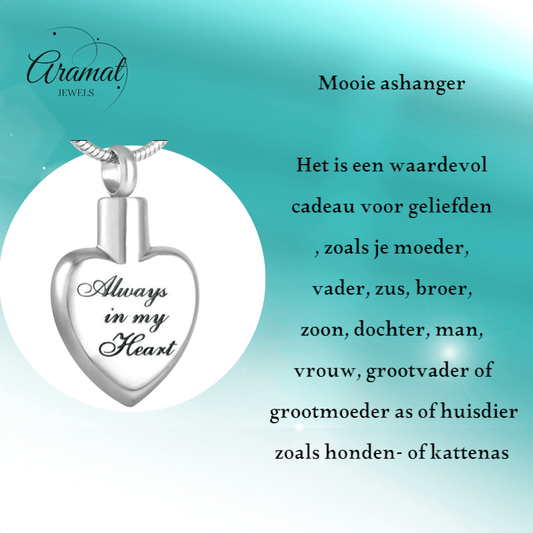 Ashanger hart Always in my heart – zilverkleur - Aramat Jewels - Gedenkhangers - cadeautip