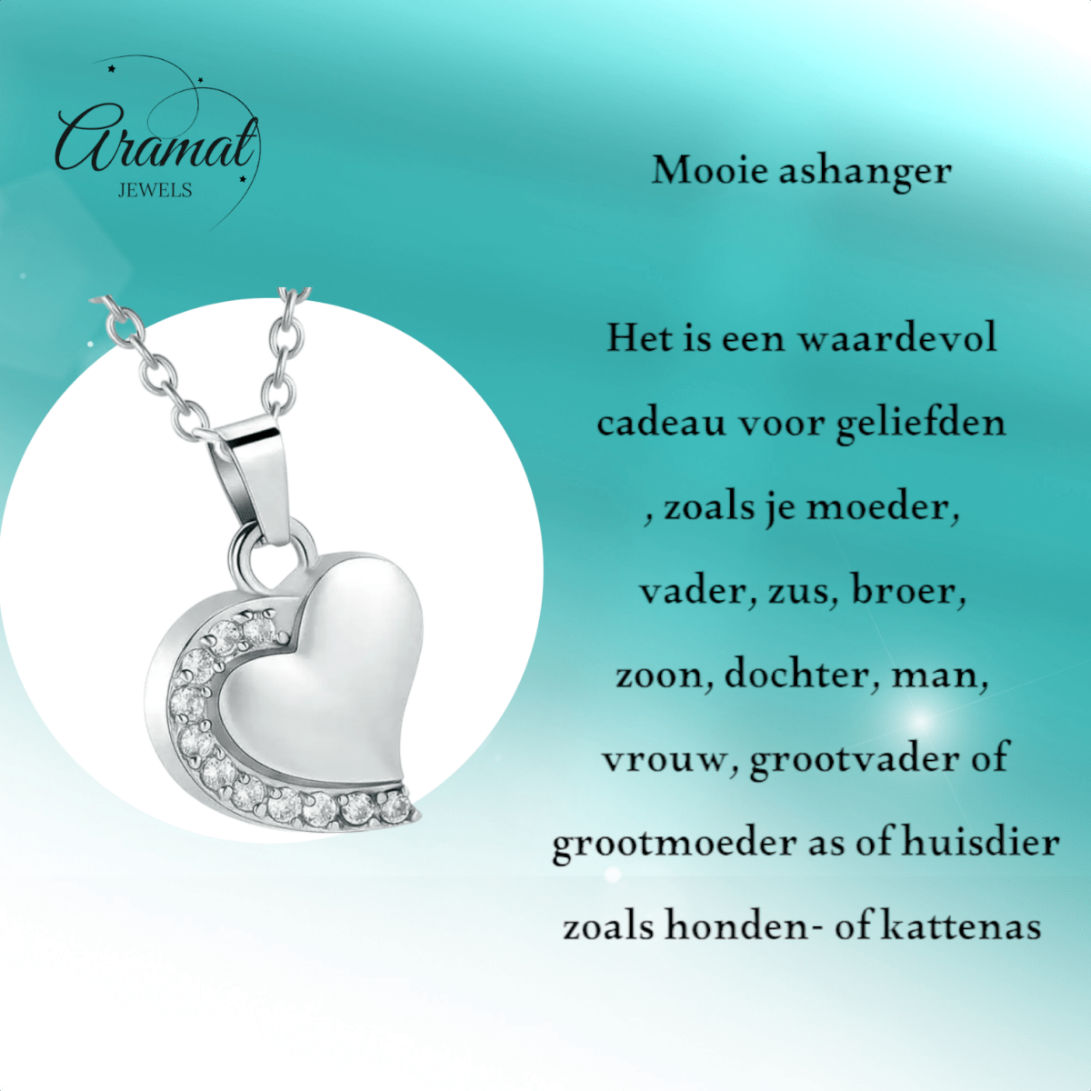 Ashanger hartje staal met zirkonia 24x19mm - Aramat Jewels - Gedenkhangers - cadeautip