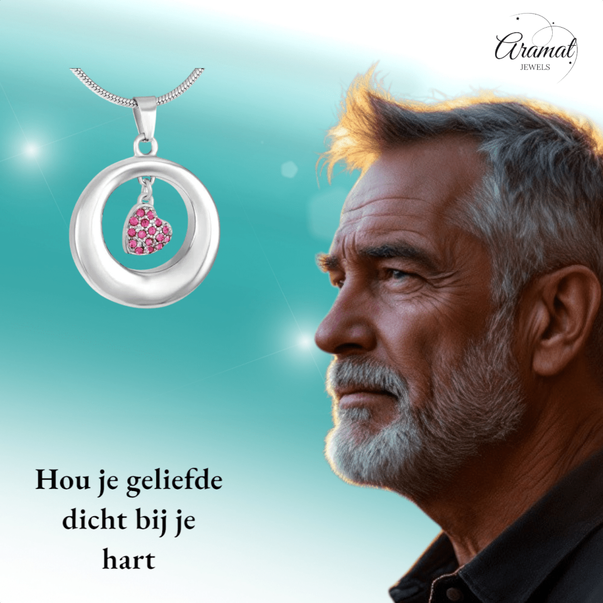 Ashanger open cirkel met roze kristal hart - Aramat Jewels - Gedenkhangers - cadeautip
