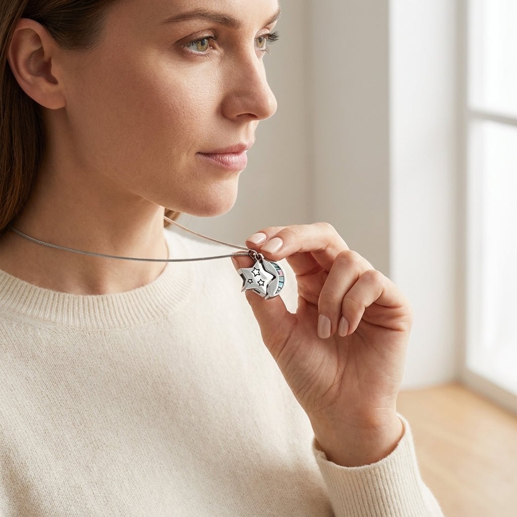 Ashanger Ster en Maan - Zilverkleurig RVS met Abalone - Aramat Jewels - Gedenkhangers - cadeautip