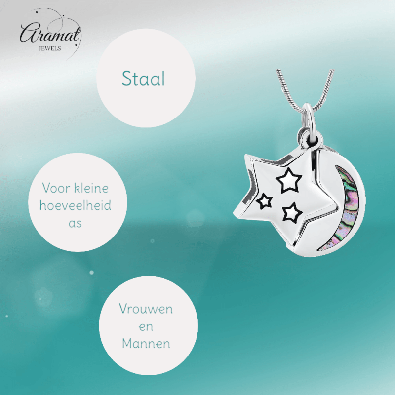 Ashanger Ster en Maan - Zilverkleurig RVS met Abalone - hang1475 - IJD20083 - Gedenkhangers kopen# - 22mm - Abalone - alles