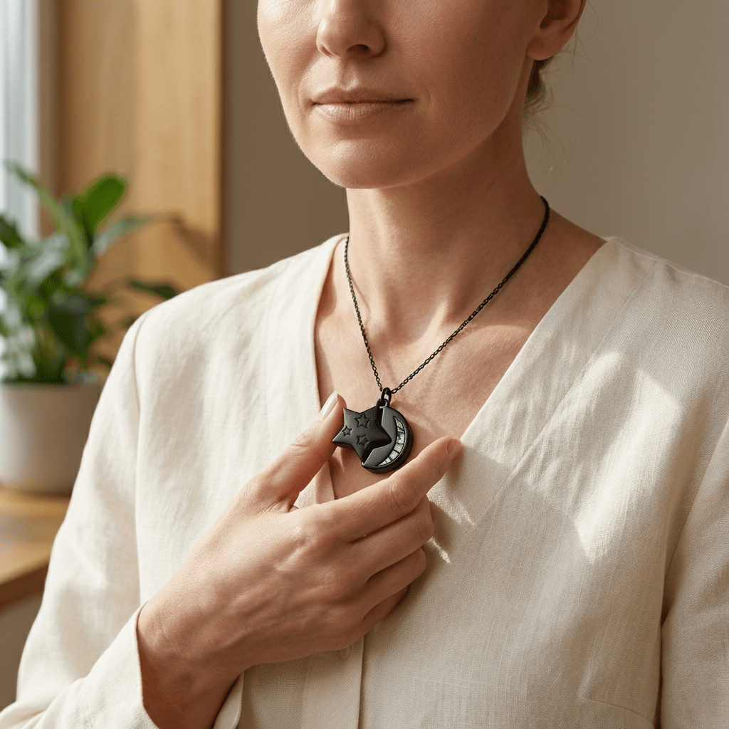 Ashanger Ster en Maan - Zwart RVS met Abalone - Aramat Jewels - Gedenkhangers - cadeautip