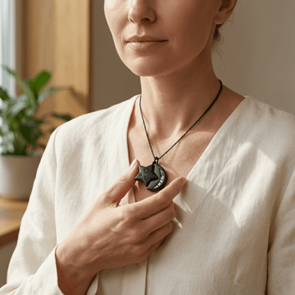 Ashanger Ster en Maan - Zwart RVS met Abalone - Aramat Jewels - Gedenkhangers - cadeautip