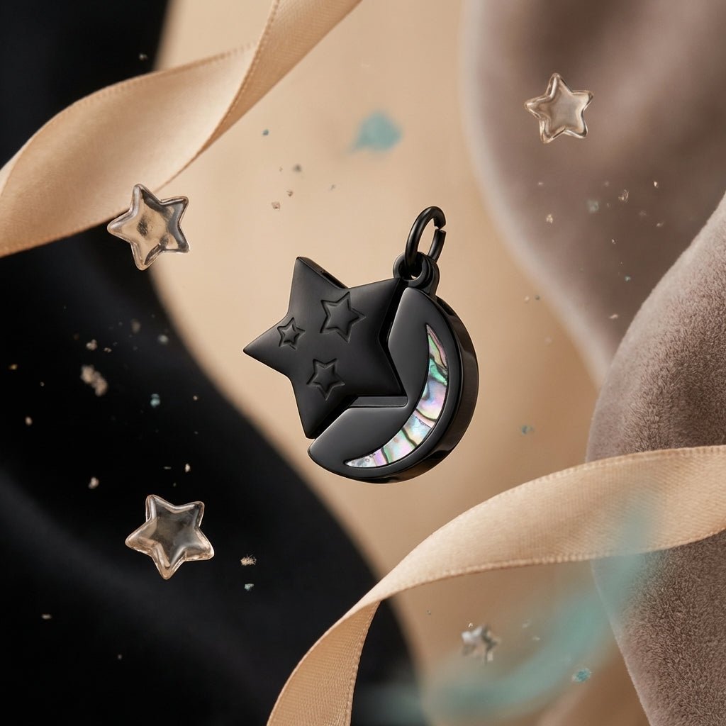 Ashanger Ster en Maan - Zwart RVS met Abalone - Aramat Jewels - Gedenkhangers - cadeautip