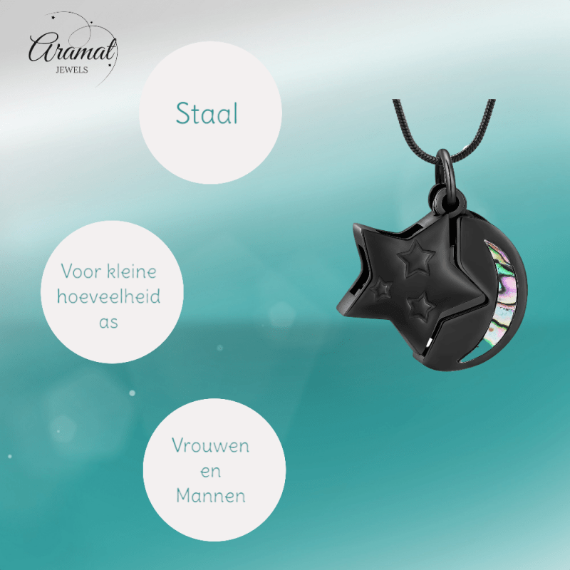 Ashanger Ster en Maan - Zwart RVS met Abalone - hang1474 - IJD20083 - Gedenkhangers kopen# - 22mm - Abalone - alles