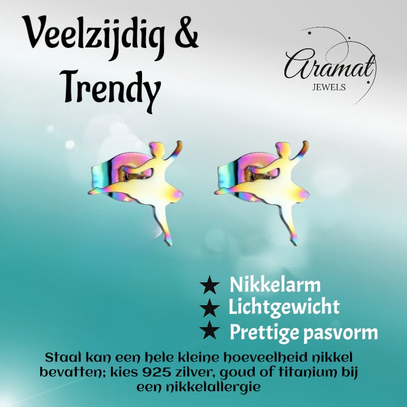 Ballerina Oorstekers RVS – Multikleur 11mm - Aramat Jewels - Oorbellen - cadeautip