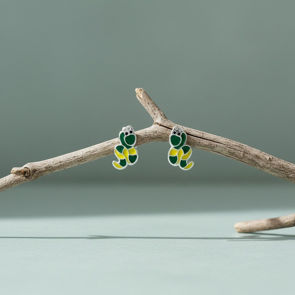 Aramat Jewels green and yellow enamel snake stud earrings for girls, 7x8mm, made of 925 sterling silver.