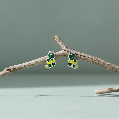 Aramat Jewels green and yellow enamel snake stud earrings for girls, 7x8mm, made of 925 sterling silver.