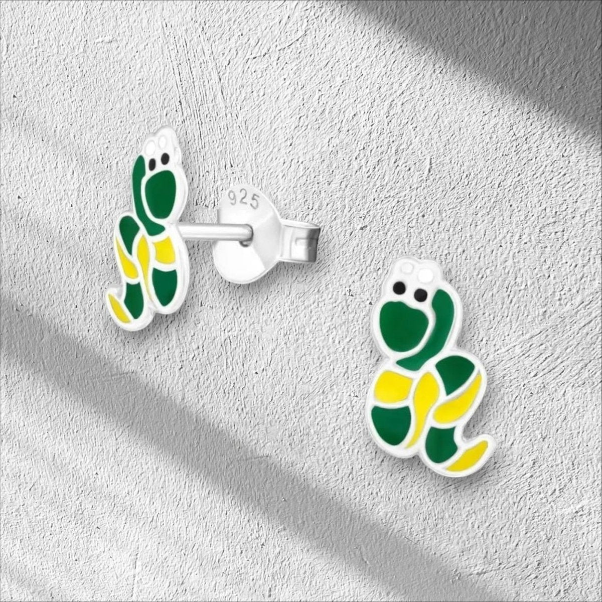 Aramat Jewels green and yellow enamel snake stud earrings for girls, made of 925 sterling silver.