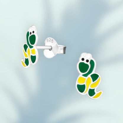 Aramat Jewels green and yellow enamel snake stud earrings for girls, made of 925 sterling silver.