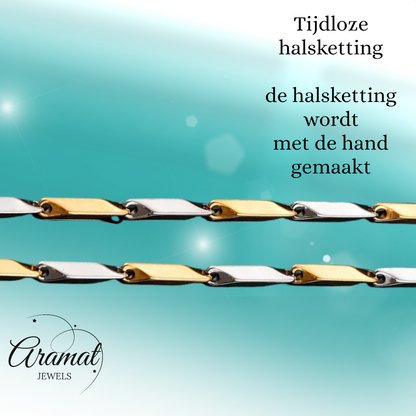 Collier bicolore en bambou, en acier inoxydable doré et argenté – 3 mm de large – 60 cm de long