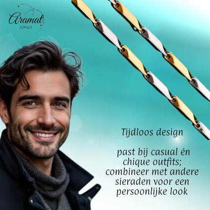 Collier bicolore en bambou, en acier inoxydable doré et argenté – 3 mm de large – 60 cm de long