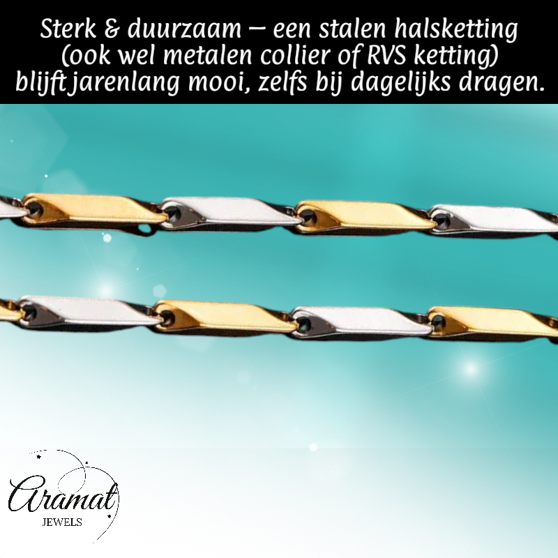 Collier bicolore en bambou, en acier inoxydable doré et argenté – 3 mm de large – 60 cm de long