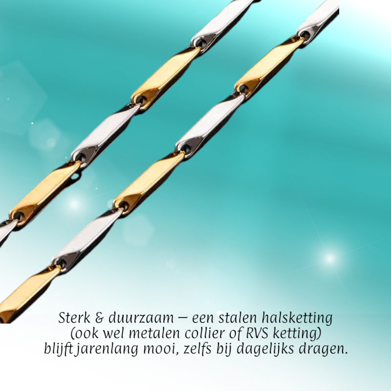 Collier bicolore en bambou, en acier inoxydable doré et argenté – 3 mm de large – 60 cm de long