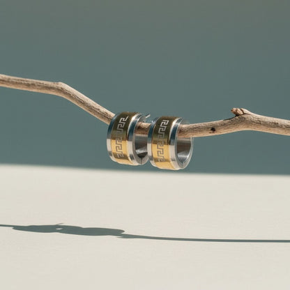 Bicolor RVS Oorringen Grieks Motief Goud & Zilver 13mm - Aramat Jewels - Oorringen - cadeautip
