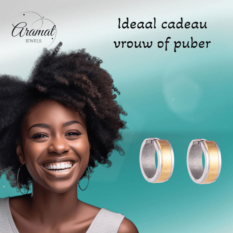 Bicolor RVS Oorringen met Goudkleurige Streep 13x7mm - oor5818 - se28070 - Oorringen kopen# - 13mm - 7mm - alles