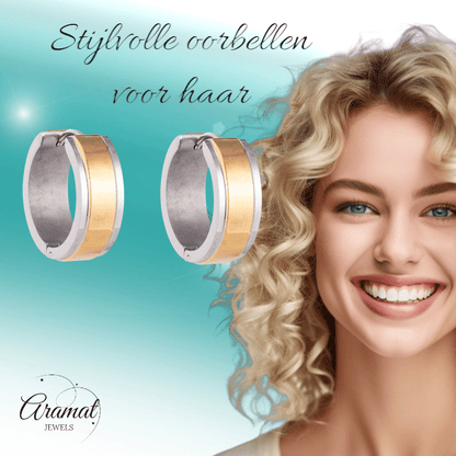 Bicolor RVS Oorringen met Goudkleurige Streep 13x7mm - oor5818 - se28070 - Oorringen kopen# - 13mm - 7mm - alles