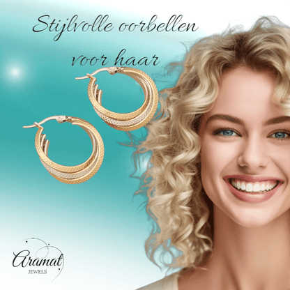 Bicolor Triple Oorringen 35mm – Ruitjesmotief & Stainless Steel - oor6353 - 49847 - Oorringen kopen# - 35mm - alles - bicolor