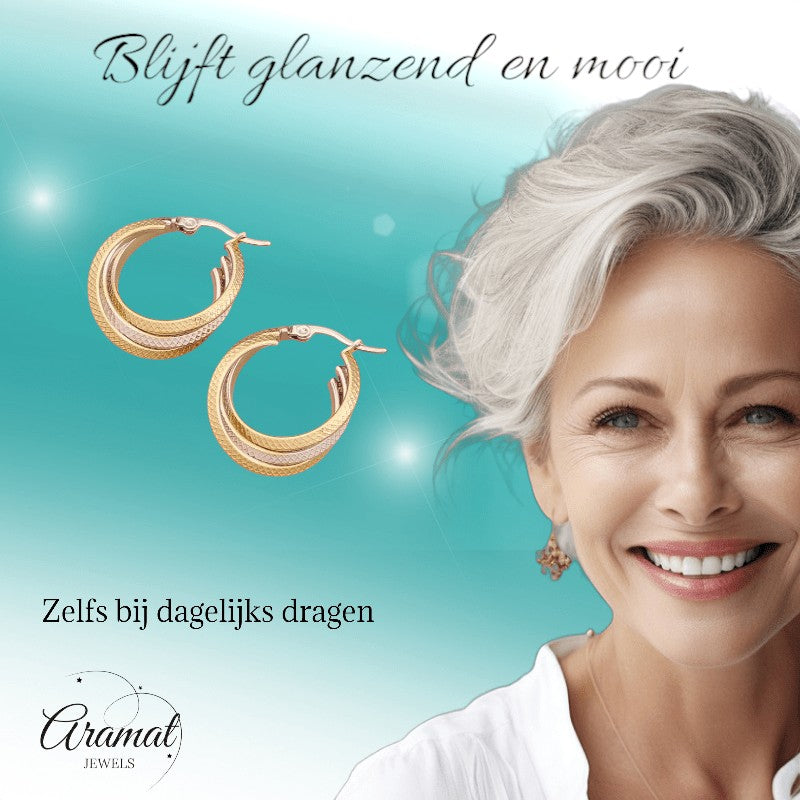 Bicolor Triple Oorringen 35mm – Ruitjesmotief & Stainless Steel - oor6353 - 49847 - Oorringen kopen# - 35mm - alles - bicolor
