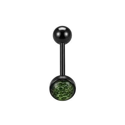 Aramat Jewels black bioplast tongue piercing with a green animal print design. Features a 1.6mm bar and 7mm/6mm balls.