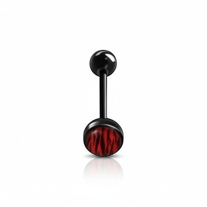Aramat Jewels black bioplast tongue piercing with red animal print design. 1.6mm gauge, 16mm length.