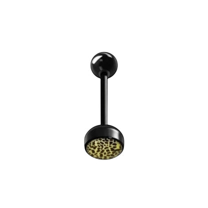 Aramat Jewels black bioplast tongue piercing with a leopard print design. Features a 1.6mm bar and 7mm/6mm balls.
