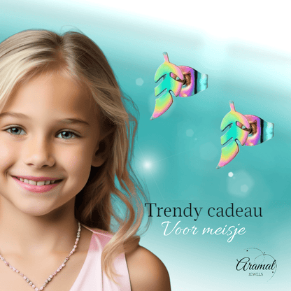 Bladvormige Oorbellen – RVS – 5x13 mm – Uniseks Regenboogkleur - oor151 - Oorbellen kopen# - 13mm - alles - blad