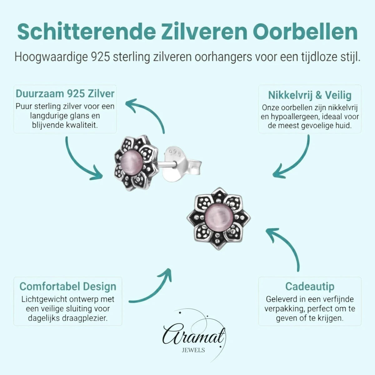 Bloem Oorbellen met Cat Eye Steen - Zilveren Sieraden - Aramat Jewels - Oorbellen - cadeautip