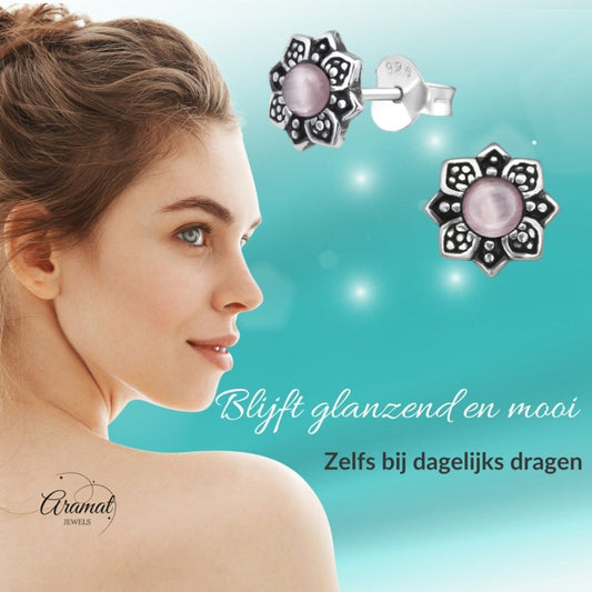 Bloem Oorbellen met Cat Eye Steen - Zilveren Sieraden - Aramat Jewels - Oorbellen - cadeautip