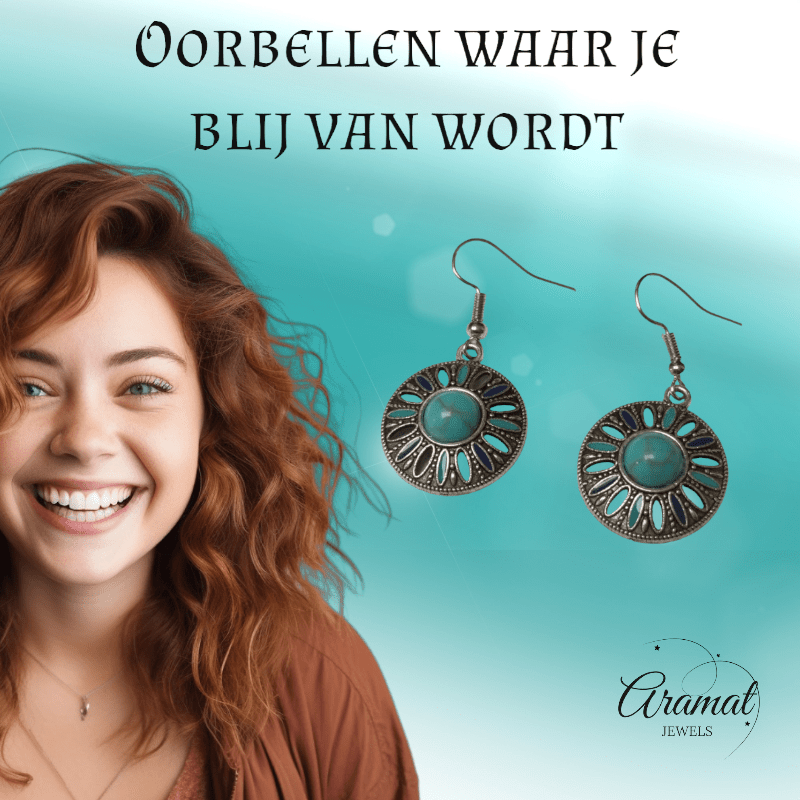 Bohemien Oorhangers met Emaille en Turquoise Steen - oor6024 - Oorhangers kopen# - 40mm - alles - bali