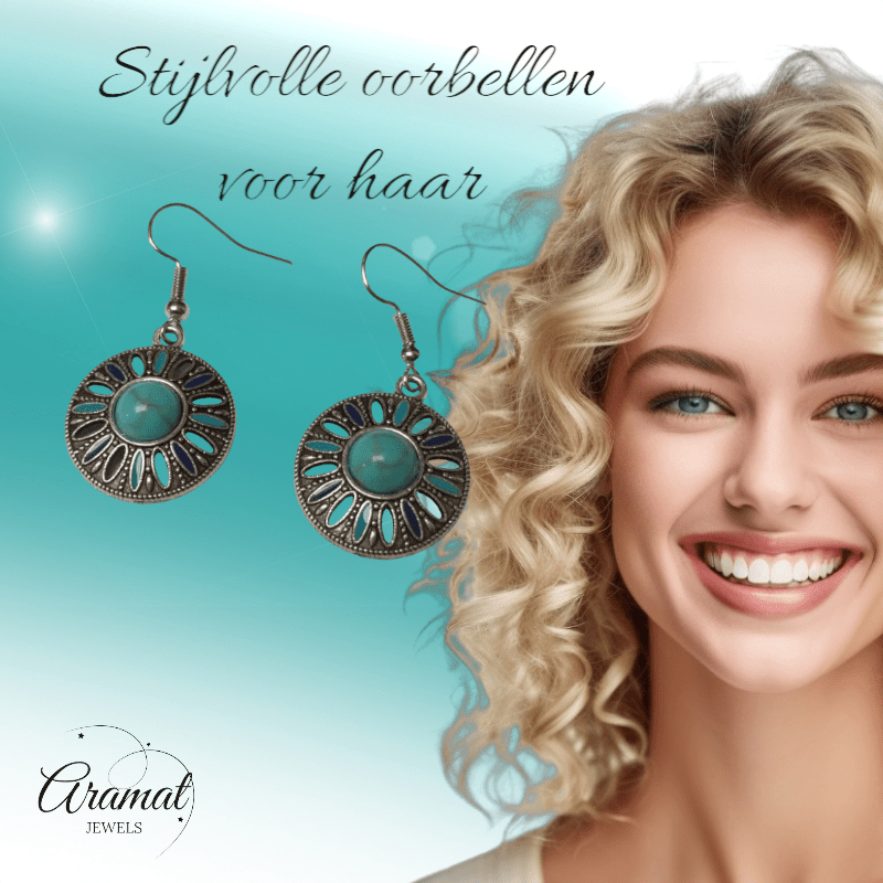 Bohemien Oorhangers met Emaille en Turquoise Steen - oor6024 - Oorhangers kopen# - 40mm - alles - bali