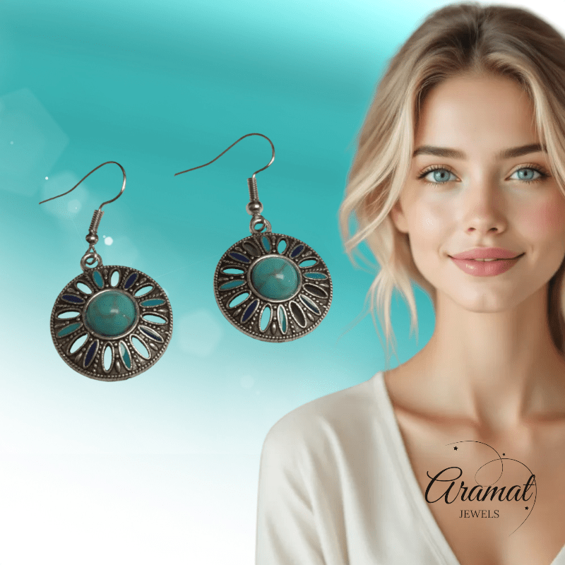 Bohemien Oorhangers met Emaille en Turquoise Steen - oor6024 - Oorhangers kopen# - 40mm - alles - bali