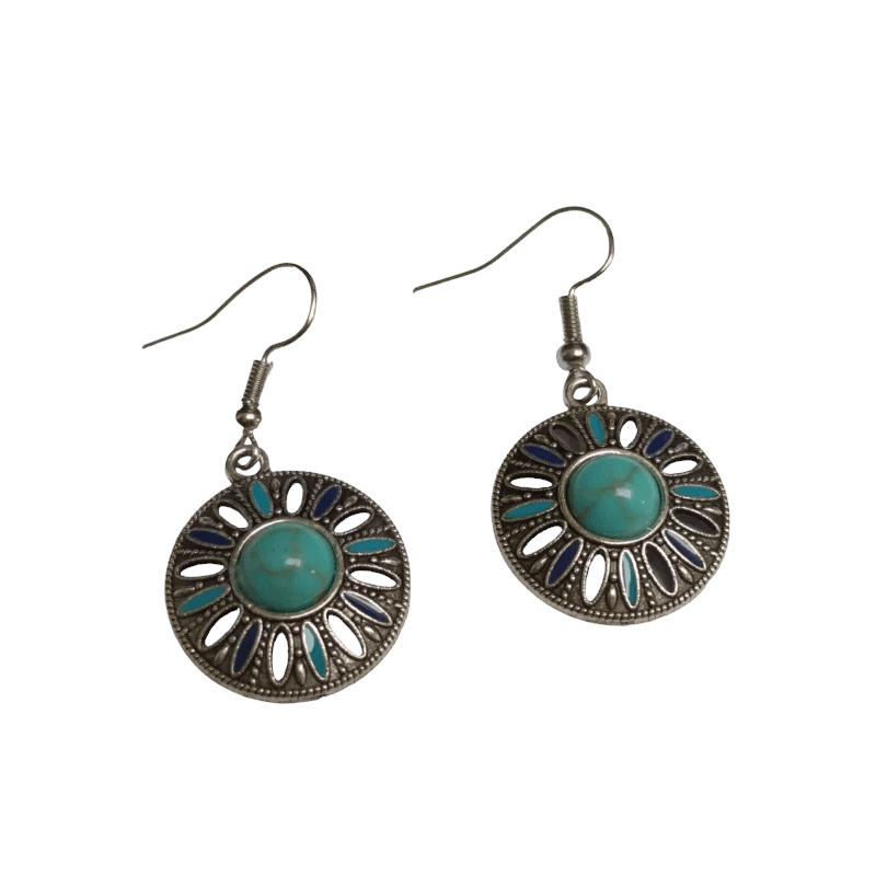 Bohemien Oorhangers met Emaille en Turquoise Steen - oor6024 - Oorhangers kopen# - 40mm - alles - bali