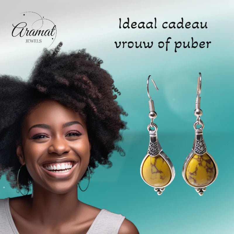 Boho Druppel Oorhangers – Gele Steen – 52x15mm - oor6032 - Oorhangers kopen# - 50mm - alles - bali