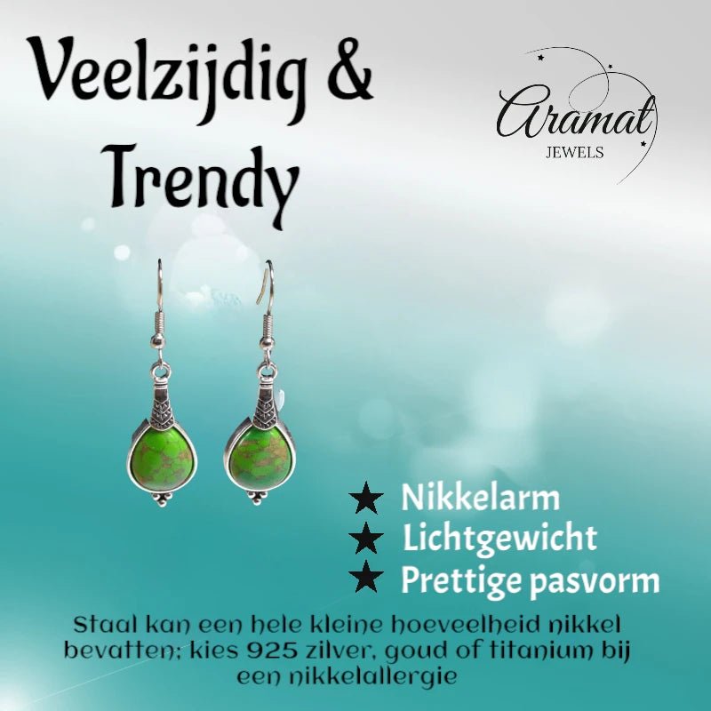 Boho Druppel Oorhangers – Groen Gemarmerde Steen – 52x15mm - oor6035 - Oorhangers kopen# - 50mm - alles - bali
