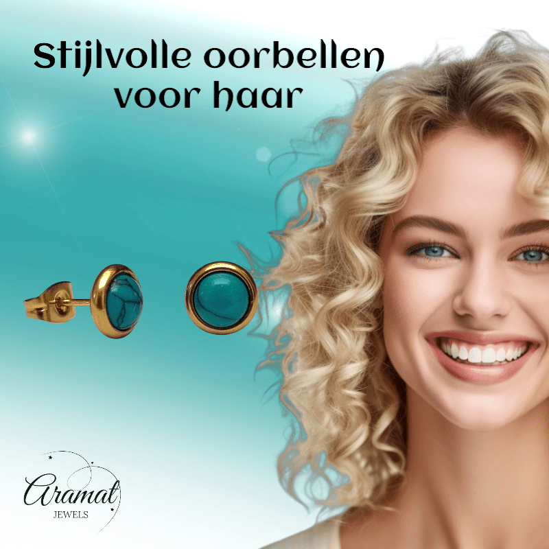 Boho Goudkleurige Oorbellen met Turquoise Groen 8mm - oor3065 - Oorbellen kopen# - 8mm - alles - cadeau