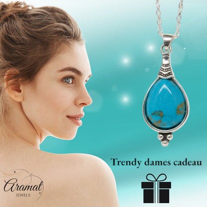 Boho Ketting Dames Druppel Hemels Blauw 33mm - Bohemien Hanger - Aramat Jewels - Halskettingen - cadeautip