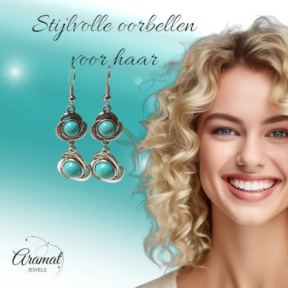 Boho Oorhangers Bloem met Blauwe Gemarmerde Steen - oor6051 - Oorhangers kopen# - 60mm - alles - bali