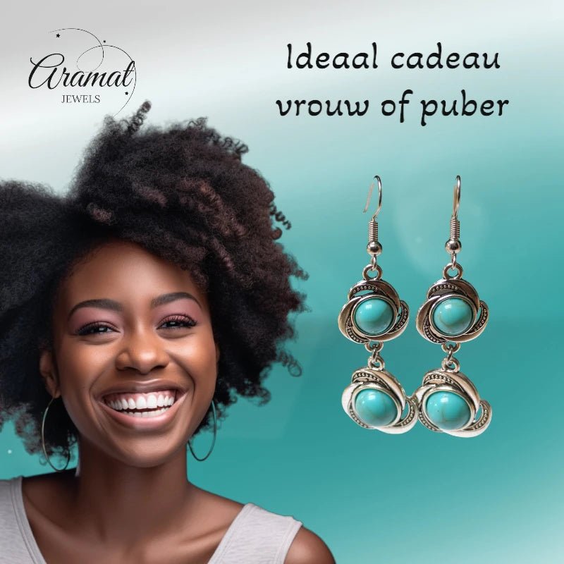 Boho Oorhangers Bloem met Blauwe Gemarmerde Steen - oor6051 - Oorhangers kopen# - 60mm - alles - bali