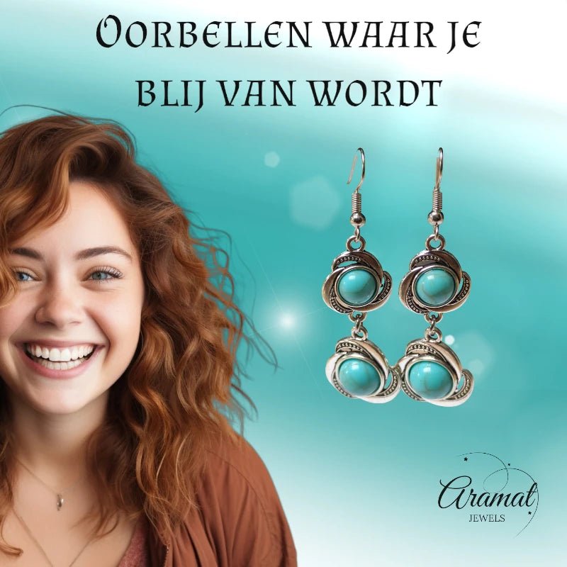 Boho Oorhangers Bloem met Blauwe Gemarmerde Steen - oor6051 - Oorhangers kopen# - 60mm - alles - bali