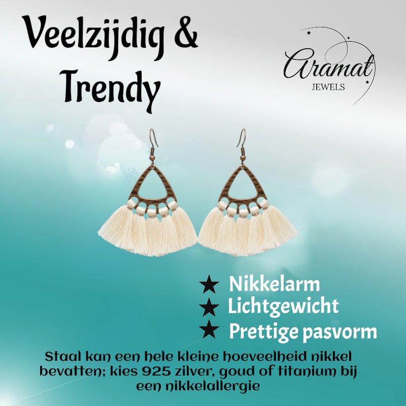 Boho Oorhangers Kwastjes Creme 55x30mm - Aramat Jewels - Oorbellen - cadeautip