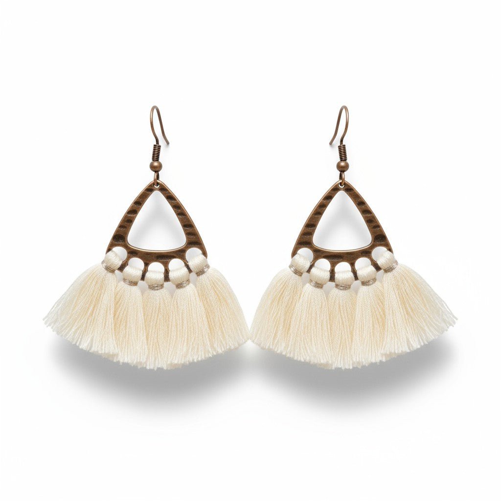 Boho oorhangers met creme kwastjes en bronskleur, 55x30mm, lichtgewicht festival oorbellen voor dames