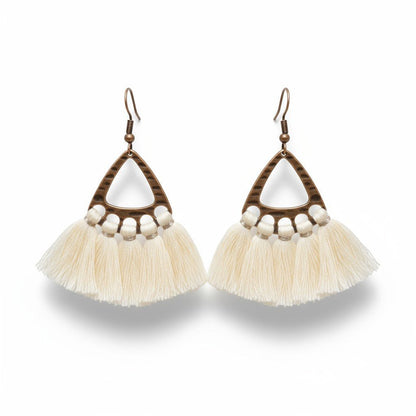 Boho oorhangers met creme kwastjes en bronskleur, 55x30mm, lichtgewicht festival oorbellen voor dames