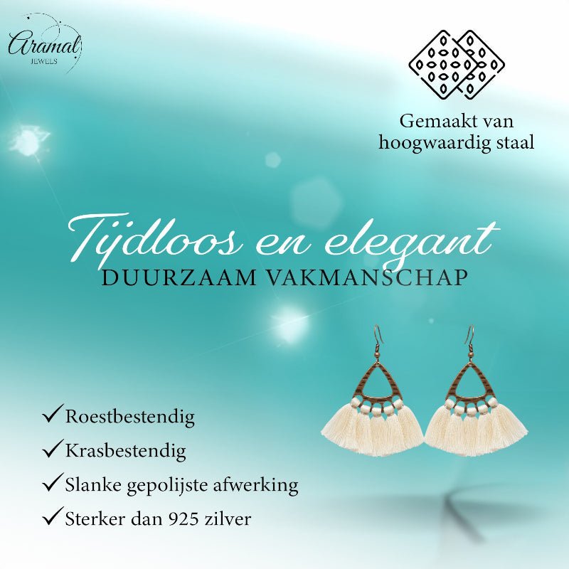 Boho Oorhangers Kwastjes Creme 55x30mm - Aramat Jewels - Oorbellen - cadeautip