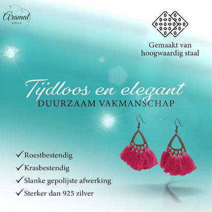 Boho Oorhangers Kwastjes Fel Roze 55x30mm - Aramat Jewels - Oorbellen - cadeautip