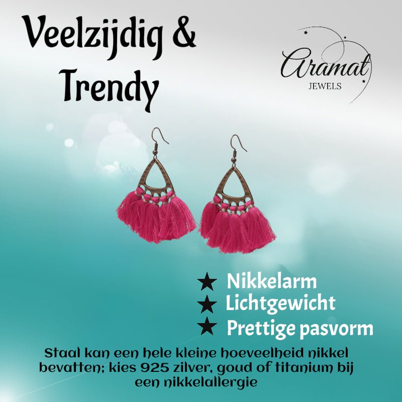 Boho Oorhangers Kwastjes Fel Roze 55x30mm - Aramat Jewels - Oorbellen - cadeautip