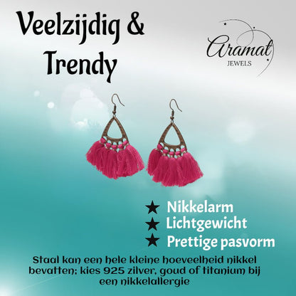 Boho Oorhangers Kwastjes Fel Roze 55x30mm - Aramat Jewels - Oorbellen - cadeautip