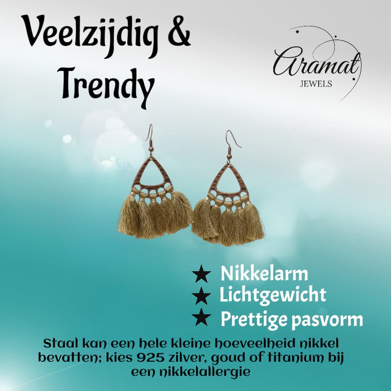 Boho Oorhangers Kwastjes Olijf groen 55x30mm - Aramat Jewels - Oorbellen - cadeautip