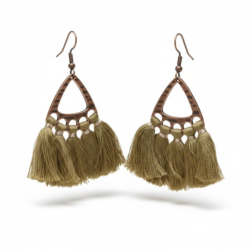 Boho Oorhangers Kwastjes Olijf groen 55x30mm - Aramat Jewels - Oorbellen - cadeautip